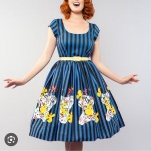 UNICORN Pinup Girl Clothing Mary Blair Blue Stripe Clown Dress Size L